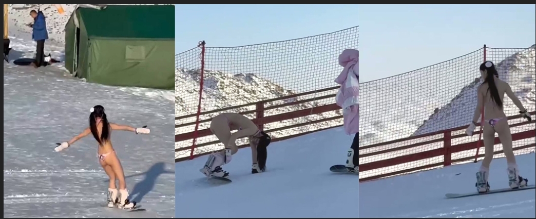 太卷了！吉林雪场惊现福利姬双马尾萝莉嫩妹比基尼雪道滑雪