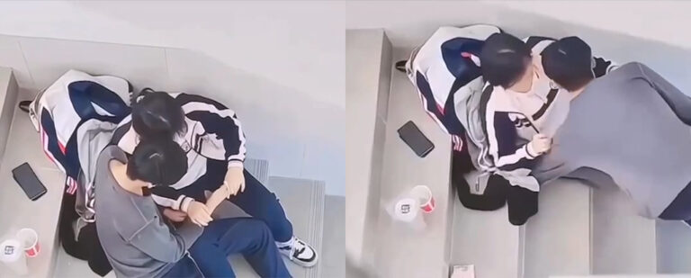 广州某职业院校在校生情侣教学楼楼梯doi被校友全程观摩