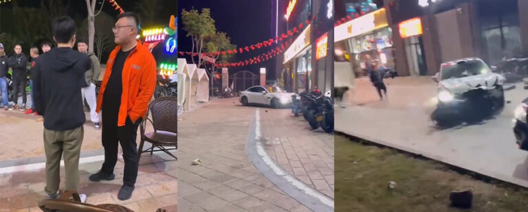 江苏南通小米su7车主凌风俱乐部门前连撞多辆机车九号电动车